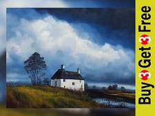 White cottage on Scottish highlands, print of original oil painting. Wall art