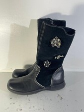 Barratts Girls Boots Size 2(34) Used Black Leather/Suede Side Zip Mid Calf -A60