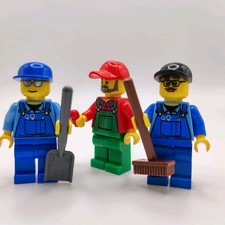 Lego City Farmer Farm Worker Workmen X3 Overalls Caps Broom Shovel Minifigures