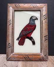 Indian Red Parrot Vintage Reverse Glass Painting in Bold Colors - 13.5 X 18.5 cm