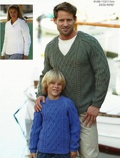 #268 FAMILY ARAN SWEATERS 3x NECKS 24-46" 61-117cm VINTAGE KNITTING PATTERN