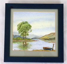Alan Everard Original Watercolour Landscape Titled Beside The Lake 9" x 9"
