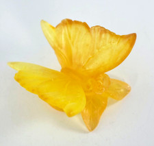 DAUM FRANCE PATE DE VERRE YELLOW GLASS BUTTERFLY ON ROSE LEAF FIGURE