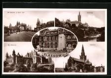 Postcard Glasgow, Art Galleries, Cathedral, Cenotaph George Square 