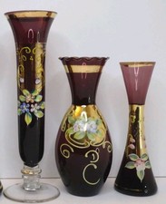 3x Vintage Amethyst Purple Gold Bohemian Glass Vases Lot, Painted Floral Design 