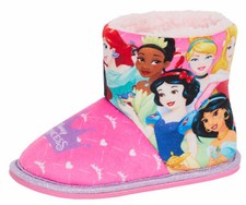 Girls Disney Princess Slipper Boots Kids Faux Fur Lined Glitter Fleece Booties