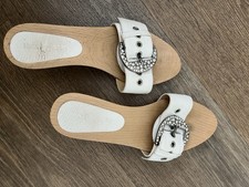 Russell & Bromley Ladies White Leather Topped Mules With Diamonte/buckle Size 5