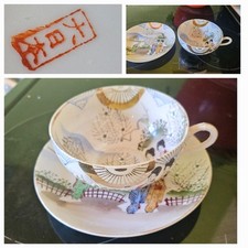 Antique Japan Kutani Meiji period hand painted egg shell porcelain cup & saucer