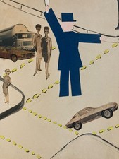 Very Nice Art Collage 1950 Cop Car Police 20th Antique Painting Drawing