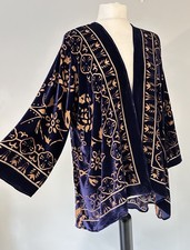 Dreamkeeper Blue Orange Silk Velvet Baroque Medallion Kaftan Kimono Jacket L XL