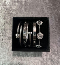 5 Silver Stacked Bracelets - assorted Bracelets, inc. clover, screw and more