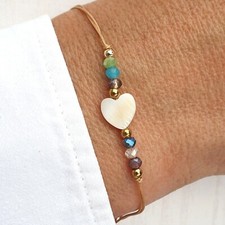 Natural Mother of Pearls Heart Crystal Beads Bracelet Bangle Jewellery Gift UK