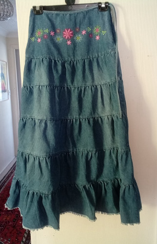 Blue denim embroidered tiered - denim,