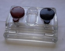 Vintage Double Inkwell Pressed Glass and Penholder - Bakelite Lids