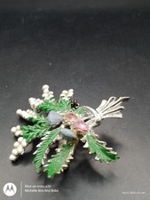 Silver Tone Enamel White Heather Brooch With Pink Stones
