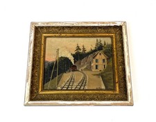 ANTIQUE STEAM LOCOMOTIVE TRAIN STATION SHABBY OIL PAINTING ALPS 1900 SIGNED