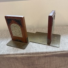 Antique Pair of Engraved Brass & Wood Bookends