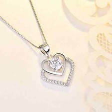 Crystal Love Heart Pendant 925 Sterling Silver Necklace Women Jewellery Gift UK