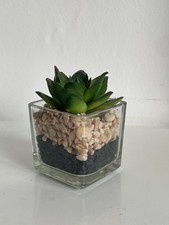 Fake plant in glass vase with rock gravel soil detailing