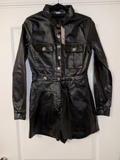 Brand New With Tags MissGuided Black PU Long Sleeved Utility Playsuit - Size 6