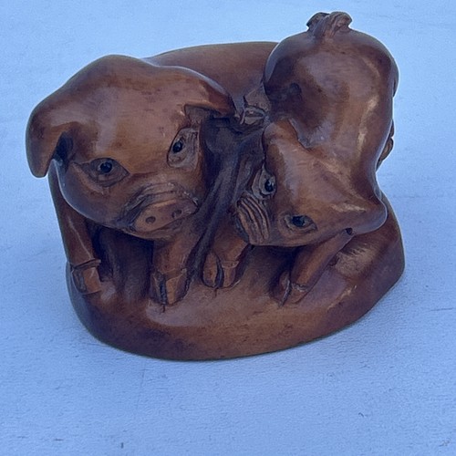 Japanese boxwood netsuke pig - boxwood,