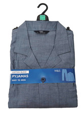 MARKS & SPENCER Mens Cotton Blend Pyjamas Long Sleeve Top & Bottoms Blue Size XL