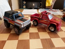 2 x Vintage Toy Cars Buddy L Motocross Bike Trailer Ford Bronco? & Pick Up Truck