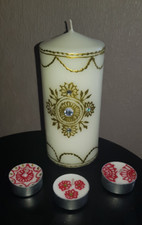 Mehndi Candles One White Pillar 3x Tea Lights Preowned Red And Gold Decoration