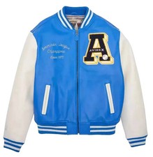 Men's Avirex Blue Leather Bomber Varsity Jacket with American League A Patch