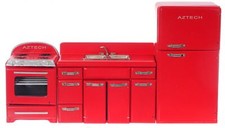Dolls House 1950's Retro Red Kitchen Furniture Set Miniature Fridge Sink Cooker