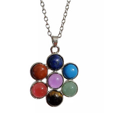 Seven Chakra Flower Necklace Pendant Natural Crystal Gemstone 18" Chain & Boxed
