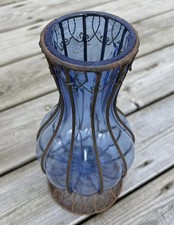Vintage Unusual HandBlown Blue Glass Vase in Metal Cage Frame 26cm Tall