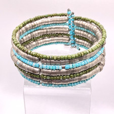 Fat Face cuff bangle silver tone metal green blue glass seed bead boho jewellery