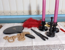 ANTIQUE 5 PIECE EBONY HAT PIN HOLDER CANDLES DRESSING TABLE SET MADE in ENGLAND