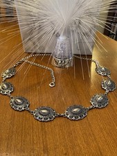 Vintage Style Engraved Debossed Metal Conchos Antique Silver Tone Chain Belt
