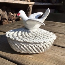 Vintage Italian Ceramic Art Pottery Basket Trinket Box With Dove Bird To Top