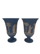 x2 Jasperware Wedgewood Vases Light Blue Collectable Home Decor Preloved Retro 