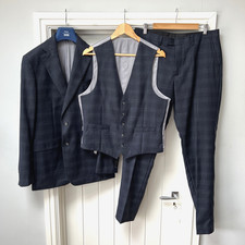 Moss 1851 3 Piece Suit Men's Chest 40" Waist 34" Blue Navy Check 100% Wool Smart