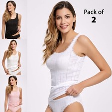 Pack of 2 Ladies Ribbed Cotton Wide Strappy Vest Stretchy Lace Comfort Jacquard