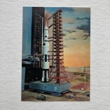 Apollo Lenticular 3-D Postcard Apollo Saturn 5 Rocket - Cancelled Moon Man Stamp