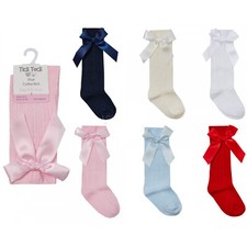 New Baby Girls Boys 2 Pairs Cable Ribbed Knee High With Ribbon Bow Cotton Socks