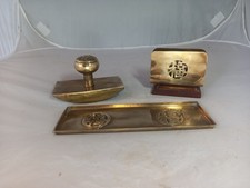 Vintage Brass Chinese FU 福 Desk Top Writing Set Blotter Pen Tray Letter Holder