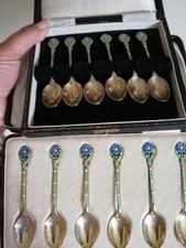 Antique Silver & Enamel Flower Design Tea/Coffee Spoons - Two Boxed Sets