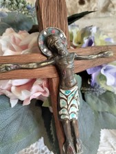 French Bronze Enamel Wall Crucifix Replica 11th Century Wood Cast 23.5cm Cross