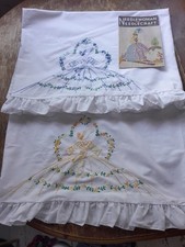 Pair of White Cotton Frilled Hand Embroidered Crinoline Lady Pillowcases