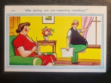 Comic Postcard C1950 Knitting Wife Husband Pregnant Belly Expecting TROW
