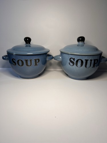 Pair blue stoneware - pair, soup