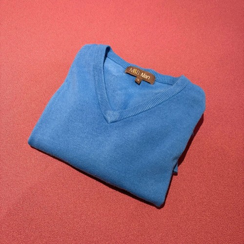 Mens blue neck fine knit - m&s,