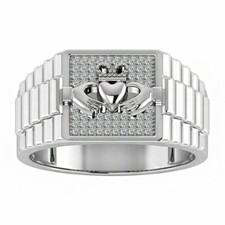 Men's Wedding Celtic Diamond Irish Claddagh Ring 14k White Gold plated simulated