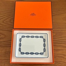 HERMES PARIS Porcelain Change Tray Plate CHAINE D'ANCRE BLUE 16 x 12 cm w/box